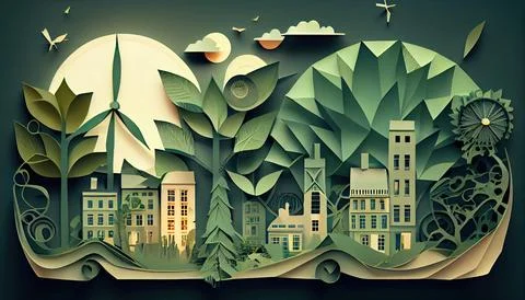 Green leaf image in the paper art style with trees, city building silhouett.. Ilustración de archivo