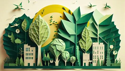 Green leaf image in the paper art style with trees, city building silhouett.. Ilustración de archivo
