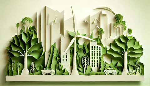 Green leaf image in the paper art style with trees, city building silhouett.. Ilustración de archivo