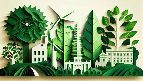 Green leaf image in the paper art style with trees, city building silhouett.. Ilustración de archivo