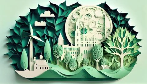 Green leaf image in the paper art style with trees, city building silhouett.. Ilustración de archivo