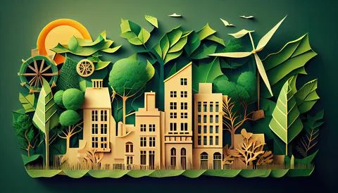 Green leaf image in the paper art style with trees, city building silhouett.. Ilustración de archivo
