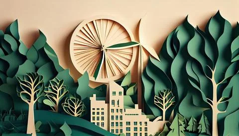 Green leaf image in the paper art style with trees, city building silhouett.. Ilustración de archivo