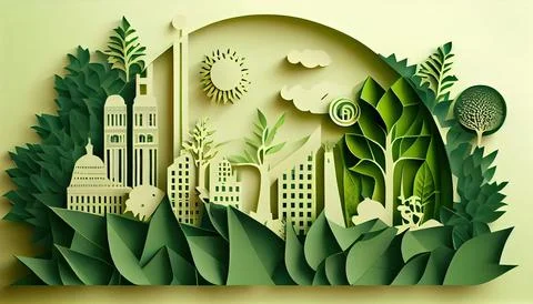 Green leaf image in the paper art style with trees, city building silhouett.. Ilustración de archivo