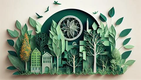 Green leaf image in the paper art style with trees, city building silhouett.. Ilustración de archivo