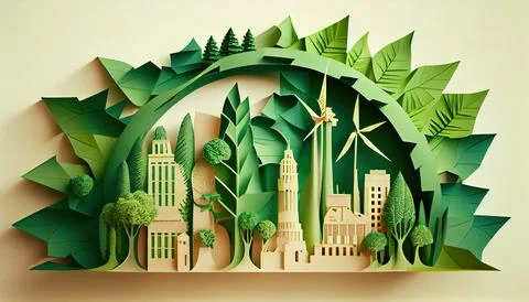 Green leaf image in the paper art style with trees, city building silhouett.. Ilustración de archivo