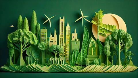 Green leaf image in the paper art style with trees, city building silhouett.. Ilustración de archivo