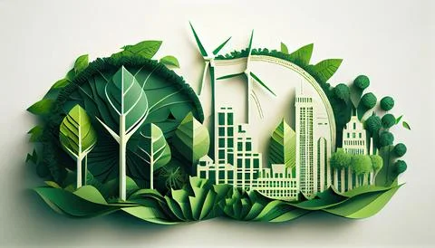 Green leaf image in the paper art style with trees, city building silhouett.. Ilustración de archivo