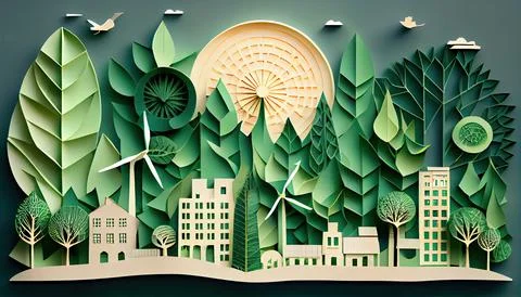 Green leaf image in the paper art style with trees, city building silhouett.. Ilustración de archivo