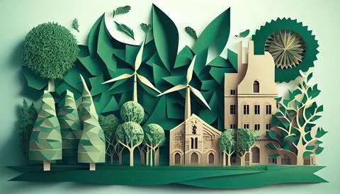 Green leaf image in the paper art style with trees, city building silhouett.. Ilustración de archivo