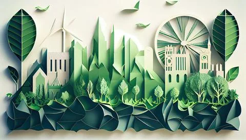 Green leaf image in the paper art style with trees, city building silhouett.. Ilustración de archivo