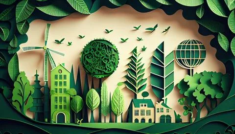 Green leaf image in the paper art style with trees, city building silhouett.. Ilustración de archivo