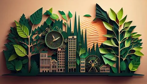 Green leaf image in the paper art style with trees, city building silhouett.. Ilustración de archivo