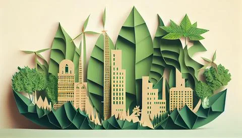 Green leaf image in the paper art style with trees, city building silhouett.. Ilustración de archivo