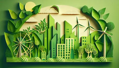 Green leaf image in the paper art style with trees, city building silhouett.. Ilustración de archivo