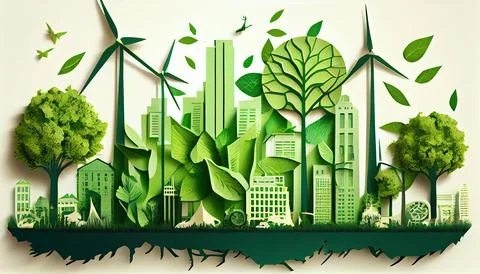 Green leaf image in the paper art style with trees, city building silhouett.. Ilustración de archivo