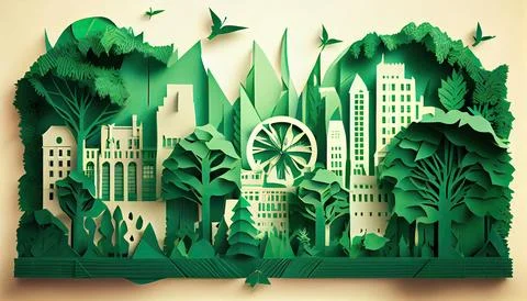Green leaf image in the paper art style with trees, city building silhouett.. Ilustración de archivo