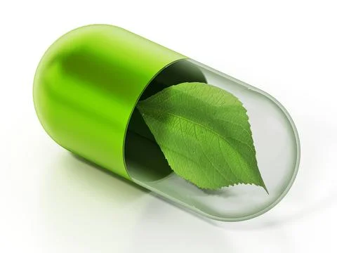 Green leaf inside the capsule pill. 3D illustration Stock Illustration