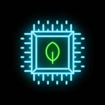 Green leaf inside cpu microchip neon sign illustrating green computing concep Stock-Illustration