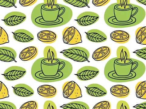 Green leaf, lemon, Cup of tea seamless pattern. Hot drink sketch. Doodle vector Stock Illustration