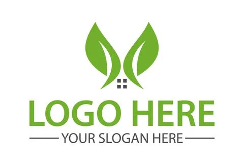 Green Leaf Negative Space Home Logo Design	 Stock Illustration