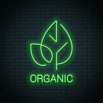 Green Leaf neon logo. Organic eco product Stock Illustration