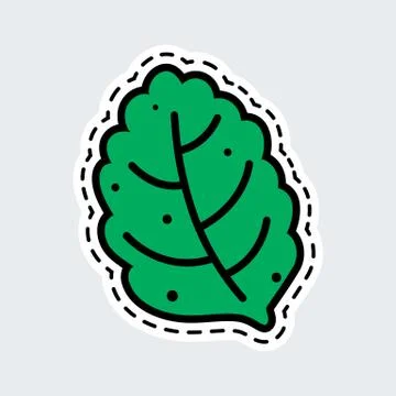Green leaf in patch style. Clip Art for sticker or pin. Stock Illustration