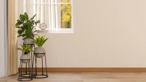 Green leaf plants in pot over metal stand holder on wooden parquet floor as.. Stock Illustration