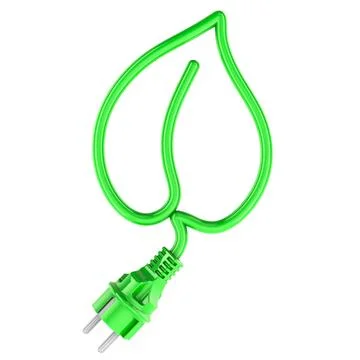 Green leaf from power cable with plug. Green energy, concept. 3D rendering Ilustração Stock