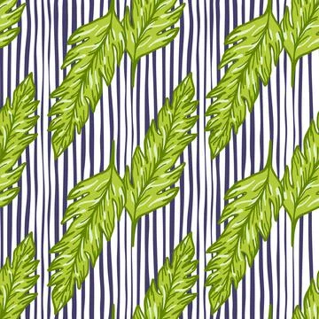 Green leaf seamless pattern on lines background. Leaves ornament. Foliage bac Stock Illustration