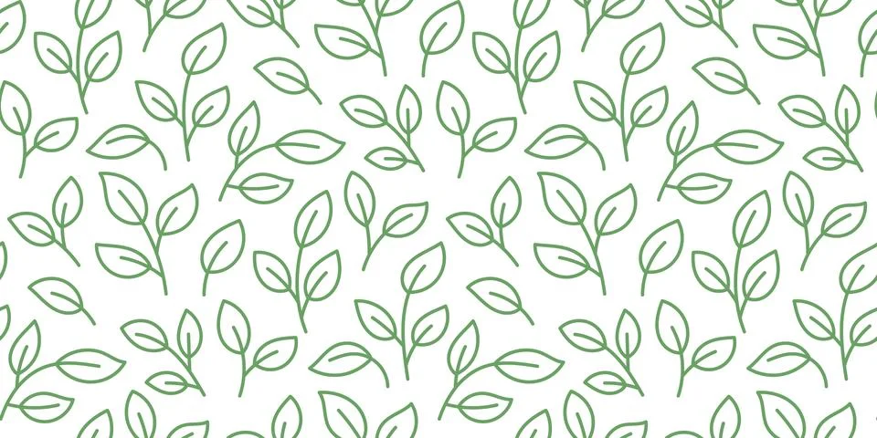 Green leaf seamless pattern with simple botanical branches. Minimal line art 库存插图