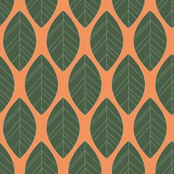 Green leaf stroke on yellow, geometric seamless pattern, wallpaper wrapping t Stock Illustration
