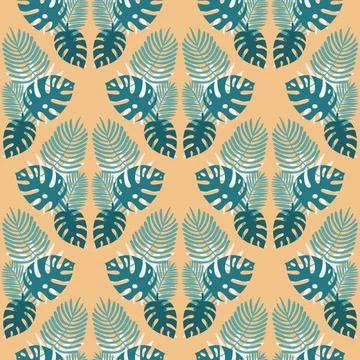 Green leaf tropical palm monstera seamless pattern yellow background Stock Illustration