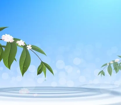 Green leafs and water drop on blue sky background Stock Illustration