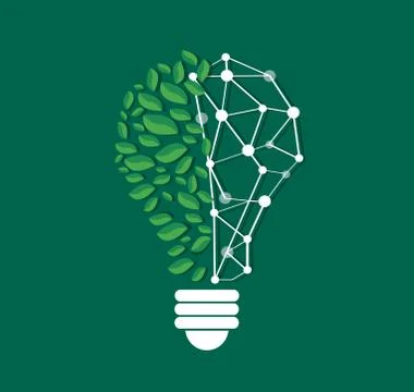 Green leafs in light bulb shape and technology line vector Stock Illustration