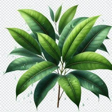 Green leafs of mango tree on a transparent white background and drops of rain 스톡 사진