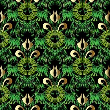 Green leafy greek vector seamless pattern. Floral abstract ornamental tropica Stock Illustration