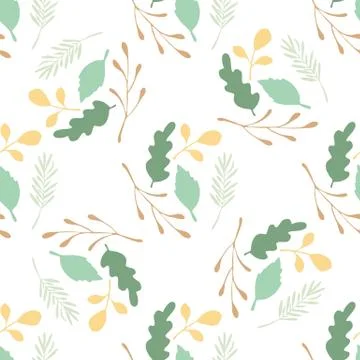 Green leaves and branches vector seamless pattern on white background. Illustrazione stock