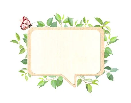 Green leaves and empty comic speech bubble from recycled carton material. Eco Foto stock