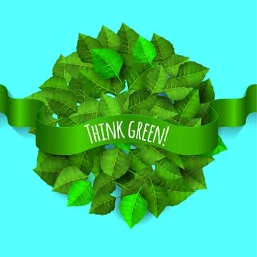 Green leaves background a circle shape with green ribbon Think green. Planet Stock Illustration