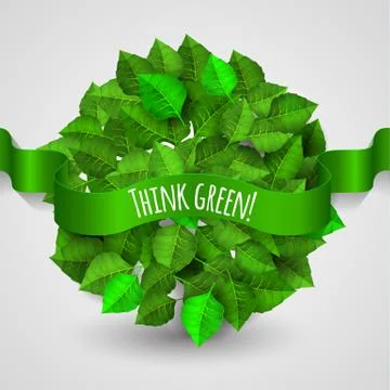 Green leaves background a circle shape with green ribbon Think green. Planet Illustrazione stock