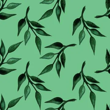 Green leaves on branch seamless pattern. Watercolor botanical illustration Stock Illustration