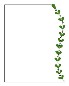 Green leaves curl down a vertical stem. Simple design frames an empty space.. 库存插图