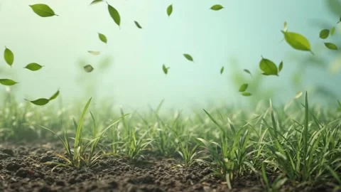 Green leaves falling over fresh grass in a sunny spring field Video stock 345929617