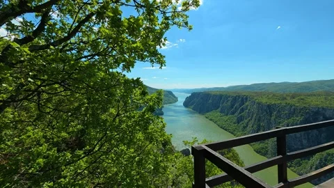 Green leaves frame a sunlit river gorge. Balkan, Eastern Europe, POV Vídeos de archivo 333348784