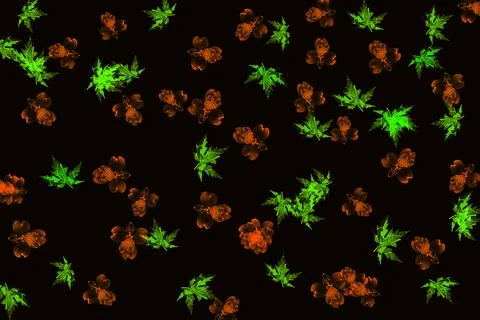 Green leaves orange flowers pattern on dark Stockillustratie