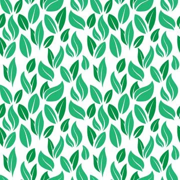 Green leaves pattern. Seamless print with flying cartoon peppermint and tea l Stock Illustration