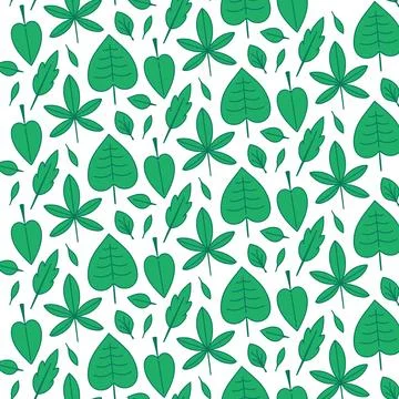 Green Leaves Pattern. Seamless print Foliage of different trees - oak, maple Stock Illustration