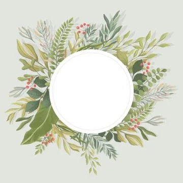Green leaves round frame template. Foliage, branches vector flat illustration Stock Illustration