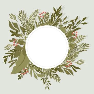 Green leaves round frame template. Foliage, branches vector flat illustration Stock Illustration